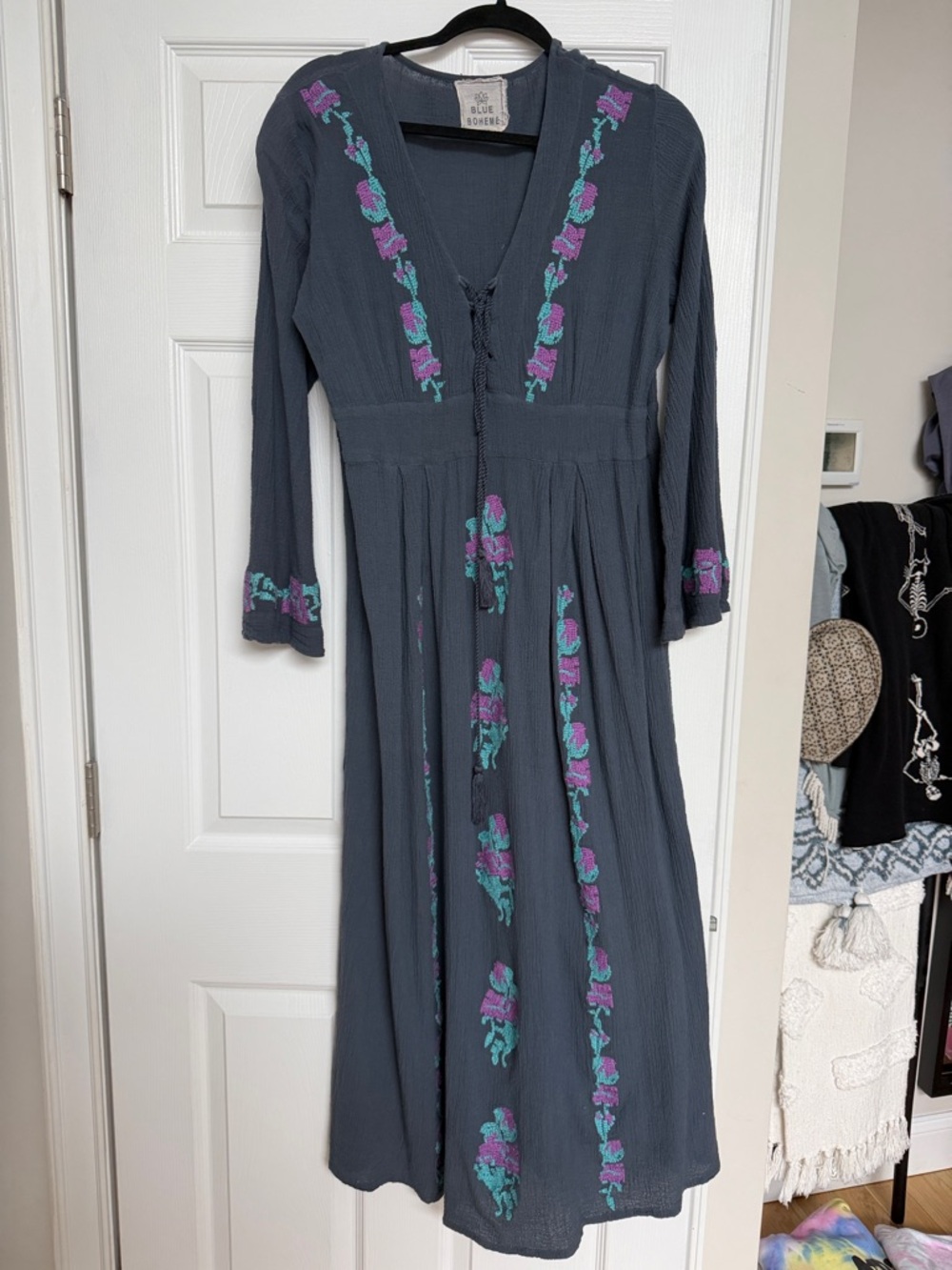 Embroidered Slate Blue Maxi Dress with Floral Trim